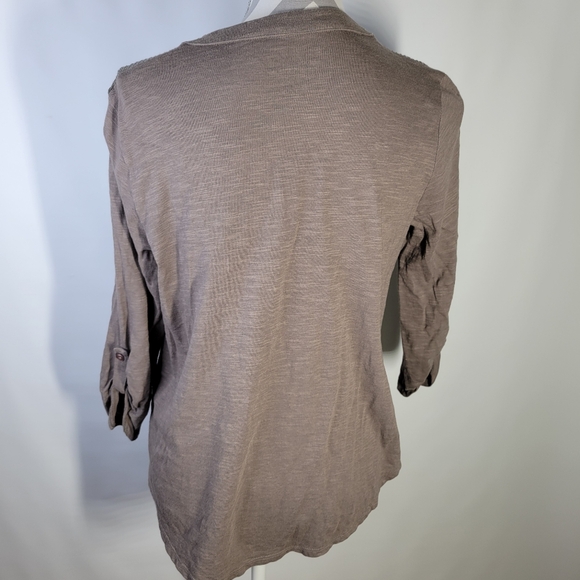 Chicos Brown Henley T 3/4 Sleeve Crushed Velour Chest + Sequin Shoulders Size 1 - Picture 6 of 13